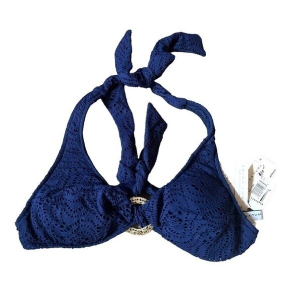 Trina Turk Navy Blue Crochet Halter Bikini Top Gold Accent Small NWT MSRP $78 - Picture 1 of 4